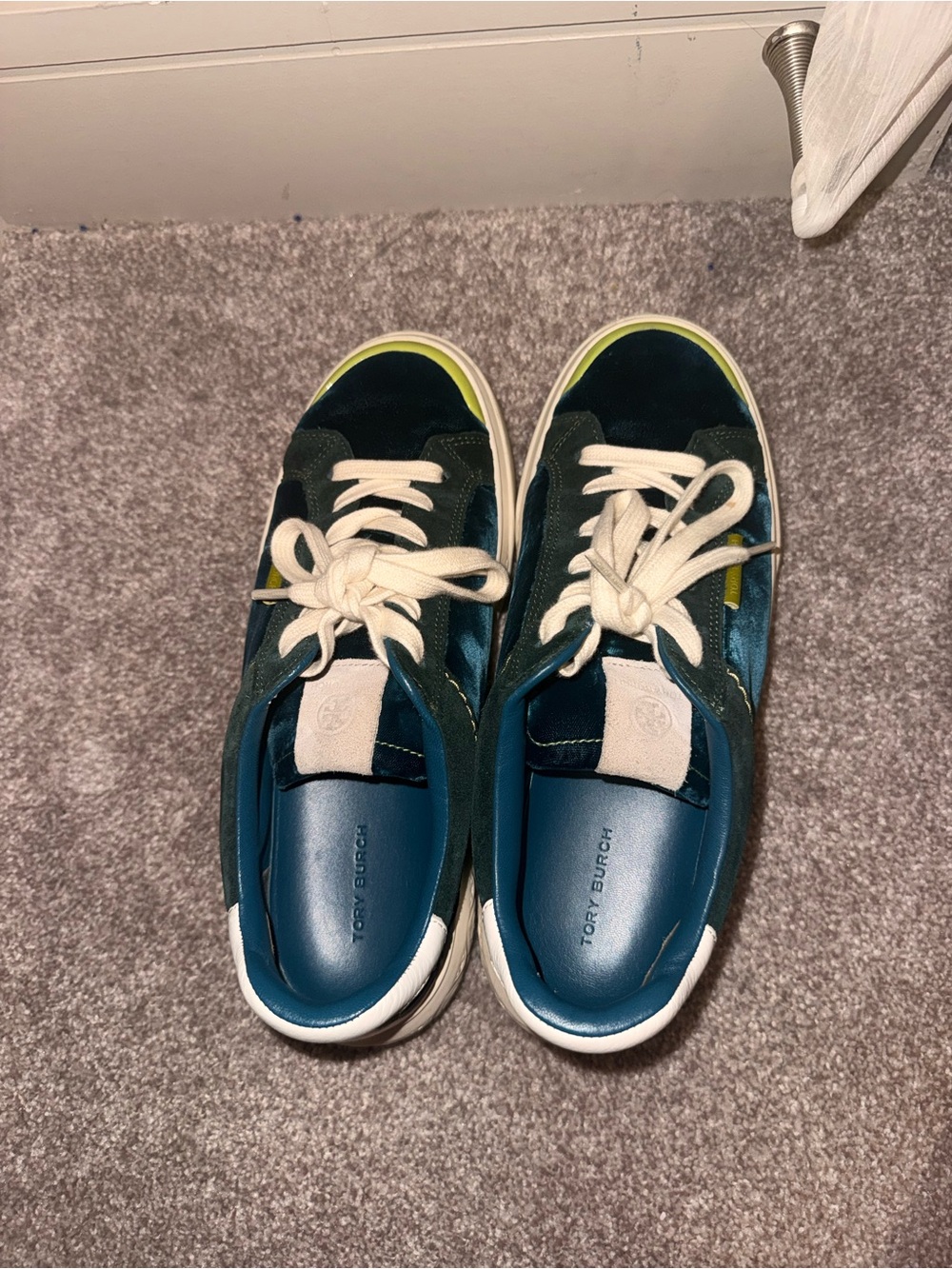 Tory Burch Teal Velvet Sneakers with cream Laces and green Trim